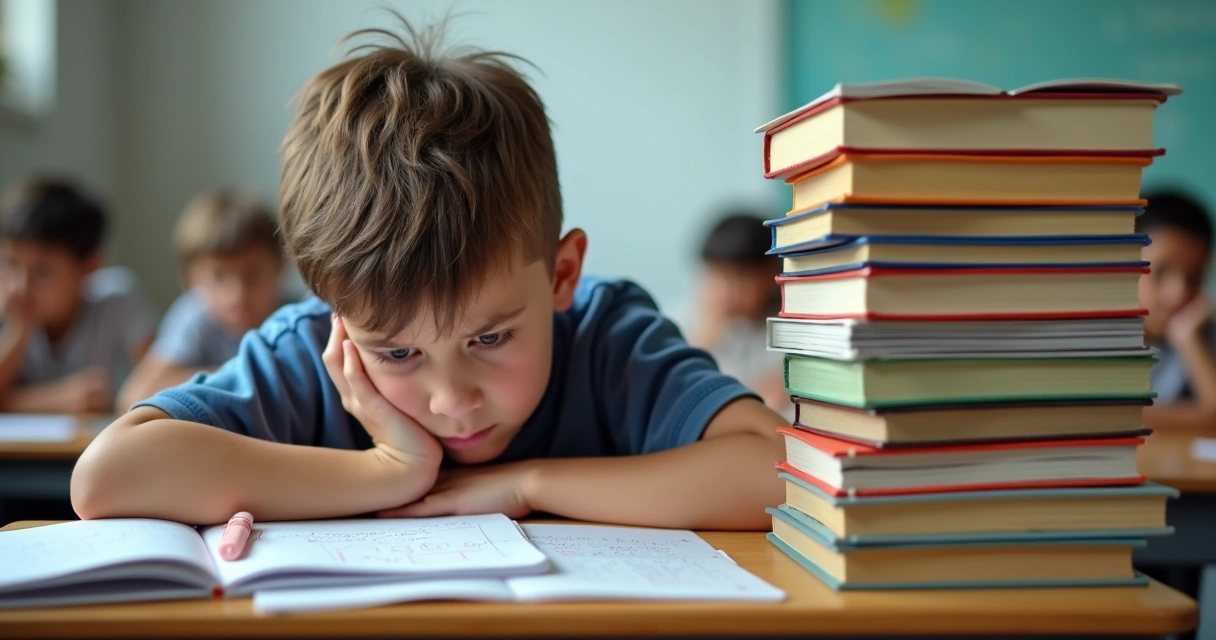 Menino ao lado de pilha de livros com expressão desanimada