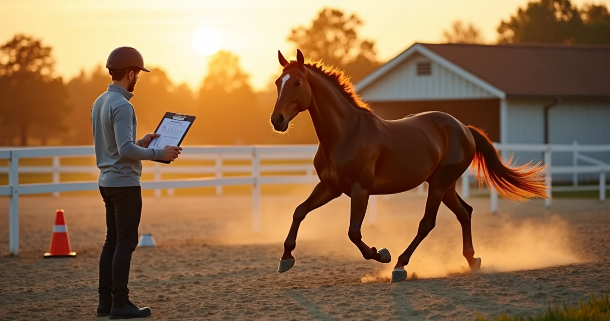 Treinador avaliando cavalo de esporte em pista com prancheta na mão 