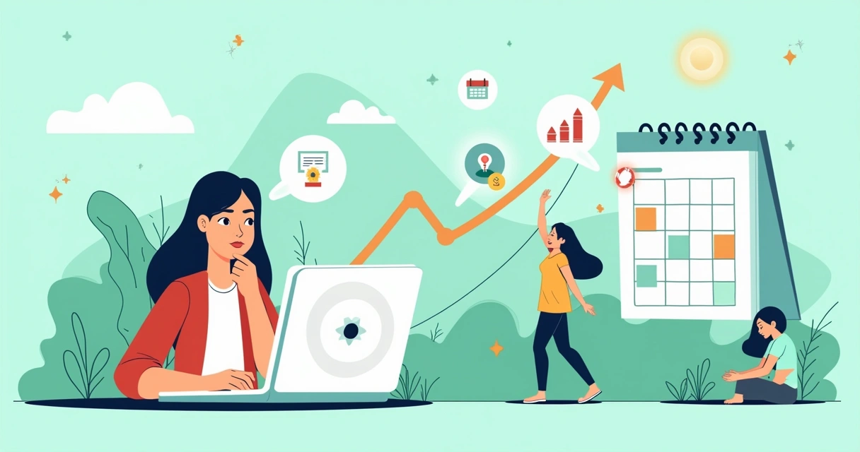 Ilustração que representa desafios do desemprego com uma pessoa determinada, laptop e ícones de crescimento.