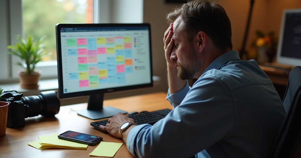 Fotógrafo frustrado olhando para a tela do notebook com agenda digital aberta 