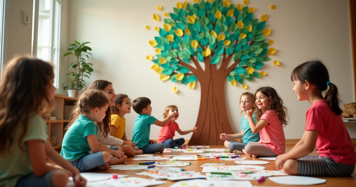 Crianças colando folhas em uma árvore de papel colada na parede.