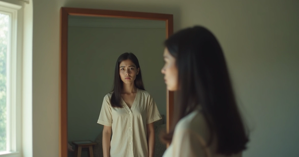 Pessoa olhando para o espelho e seu reflexo faz cara de dúvida 