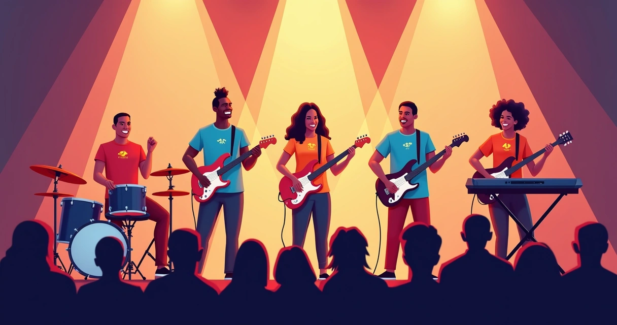 Grupo musical no palco vestindo camisetas personalizadas