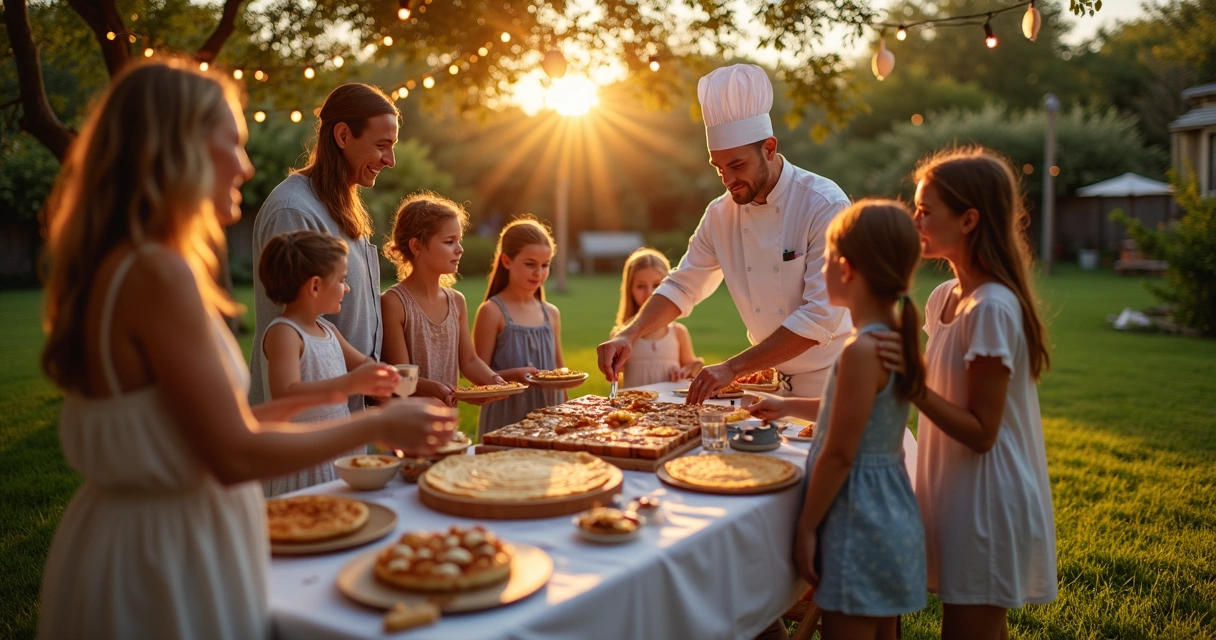 Buffet de crepe montado em festa com convidados 