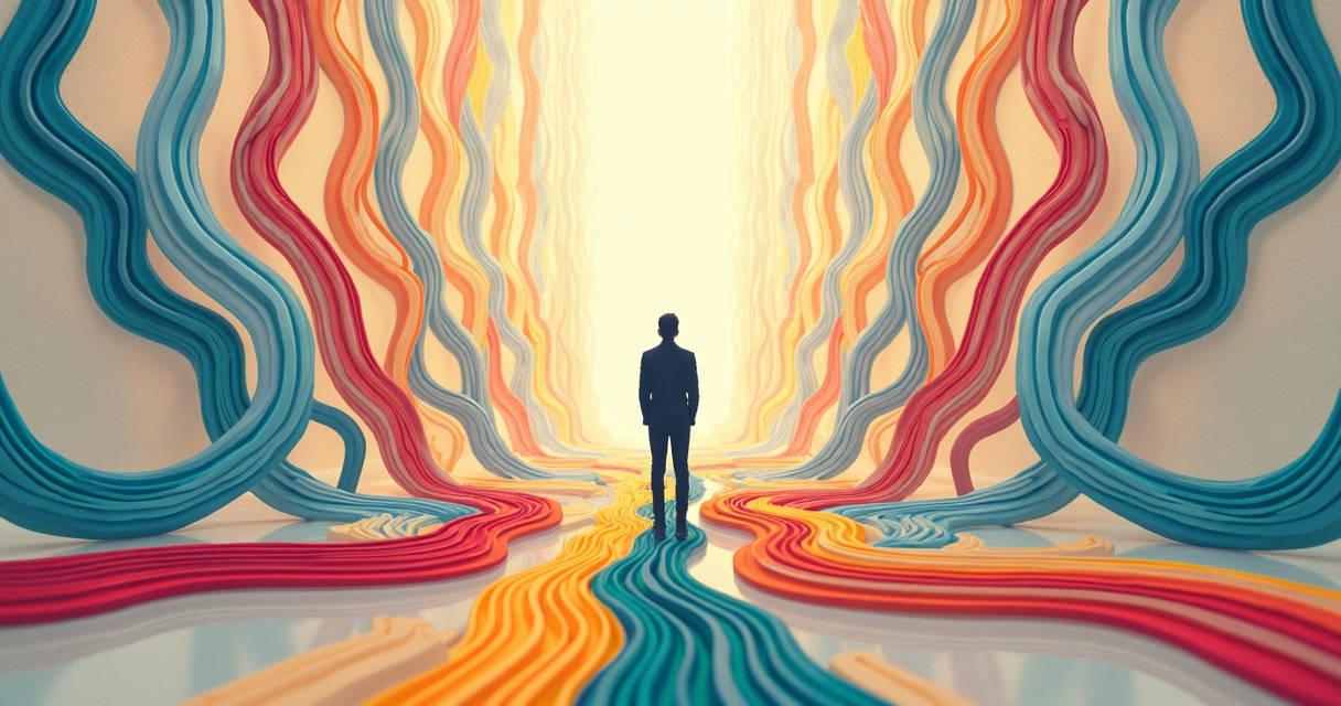 Ilustração de pessoa em pé diante de caminhos que se cruzam com linhas coloridas 