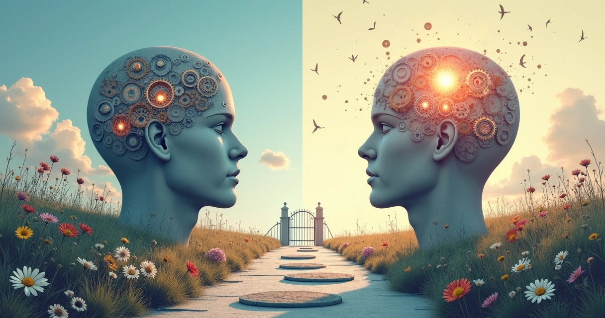 Ilustração de dois caminhos se separando, um com obstáculo e um com flores. 