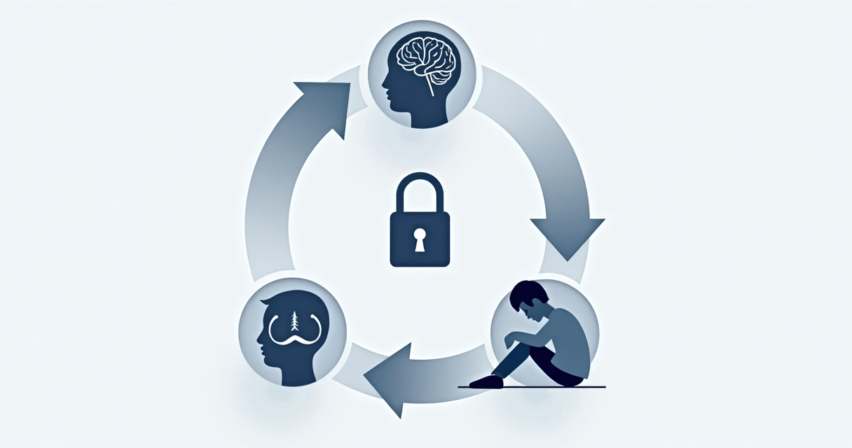Desenho de um ciclo de autocrítica com setas e símbolos mostrando repetição