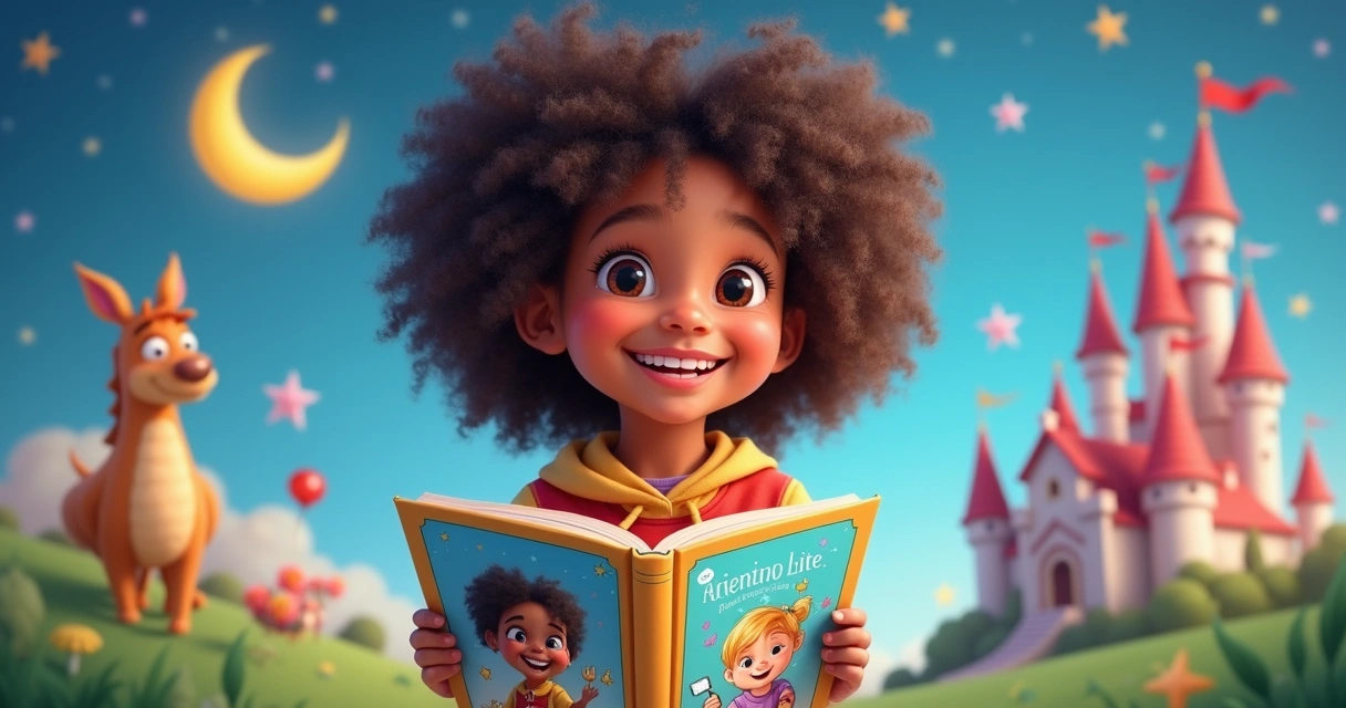 Criança feliz segura livro personalizado com ilustração colorida 