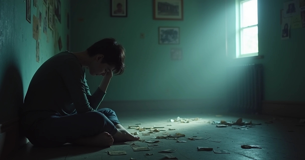 Pessoa sentada sozinha olhando para baixo em ambiente escuro 