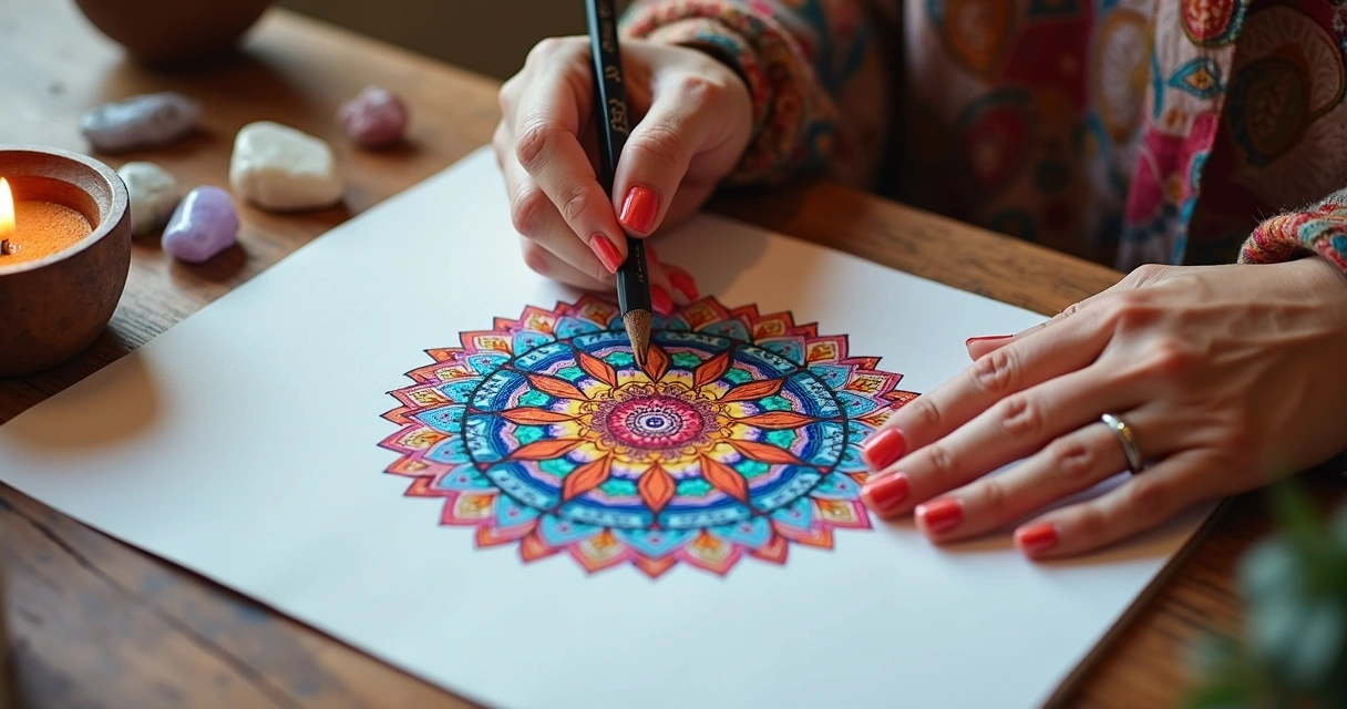 Pessoa desenhando mandala colorida em papel branco com lápis coloridos e cristais ao redor 