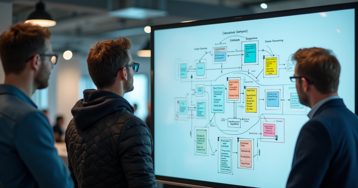 Equipe de tecnologia reunida analisando um diagrama em um quadro digital 