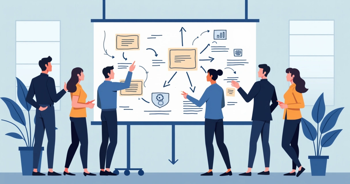 Equipe desenhando workflow em quadro branco