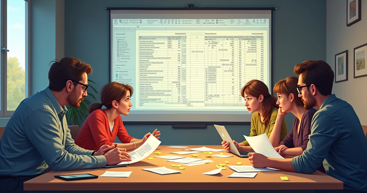 Equipe analisando planilhas em reunião de vendas 
