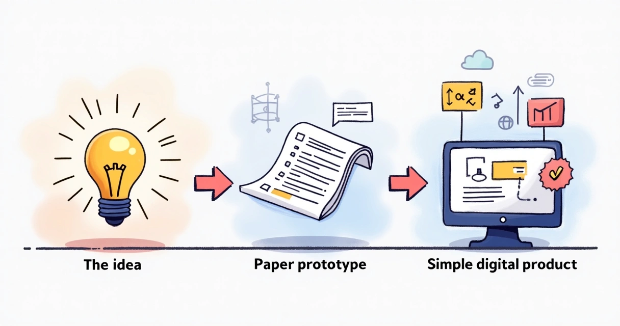 Desenho mostrando as fases do desenvolvimento de MVP, com quadros ilustrando ideia, protótipo e produto básico 