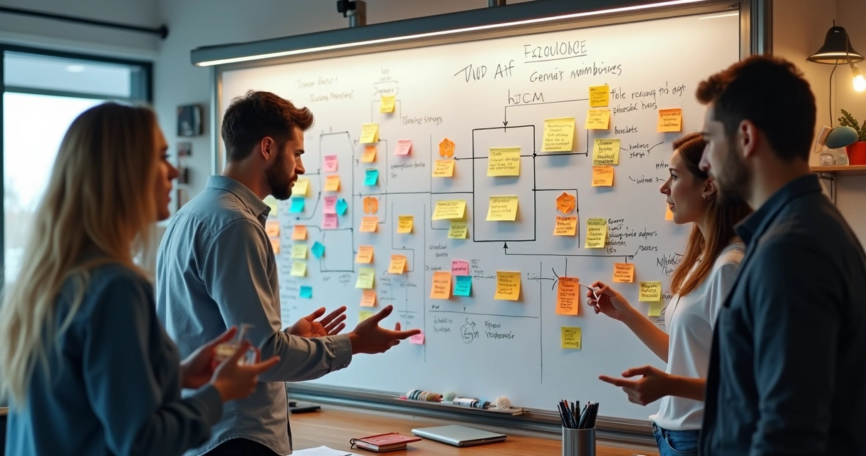 Desenho de um fluxo de processo em quadro branco com itens coloridos 