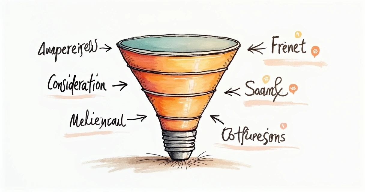 Desenho esquemático de um funil de conversão dividido em três etapas