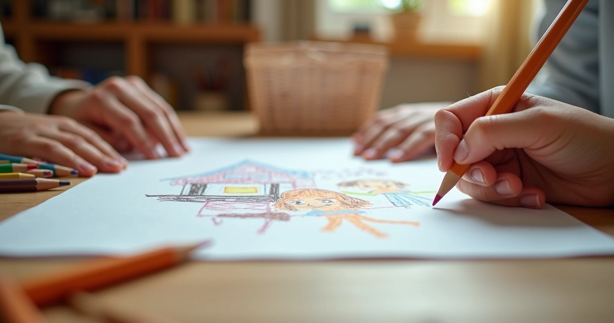Desenho infantil sobre mesa com lápis de cor 