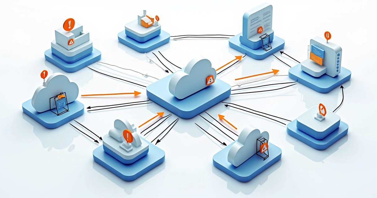 Desenho esquemático mostrando sistemas cloud interconectados por APIs, com setas illustrando falhas de integração 