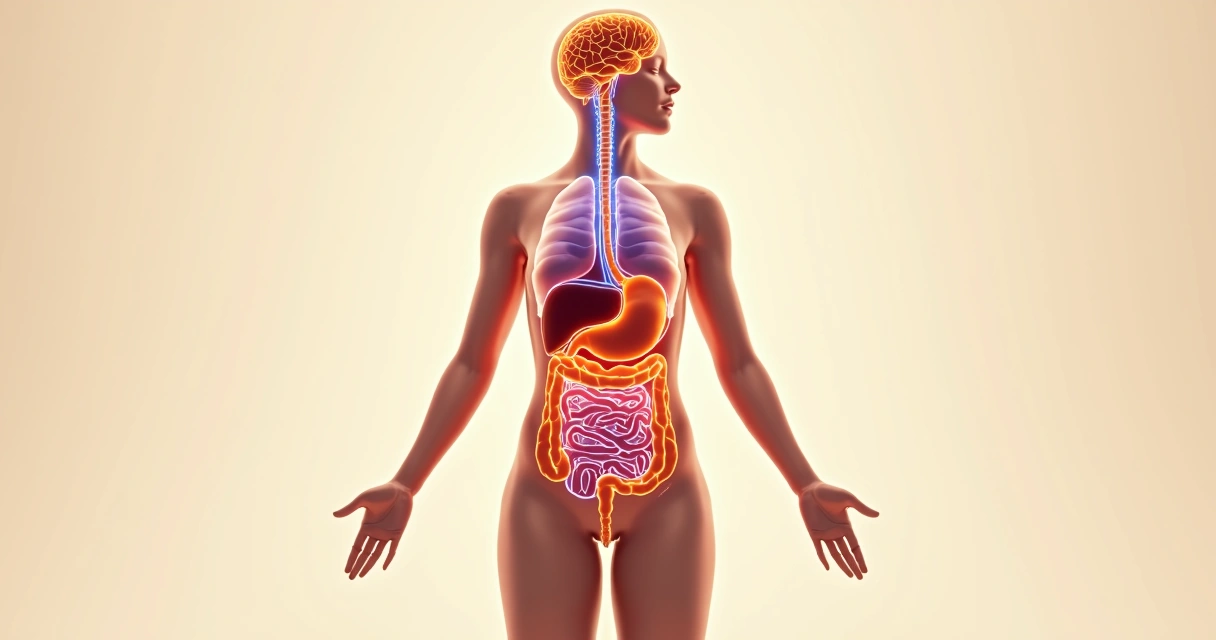 Ilustração anatômica do intestino de uma mulher, com destaque para o eixo cérebro-intestino. 