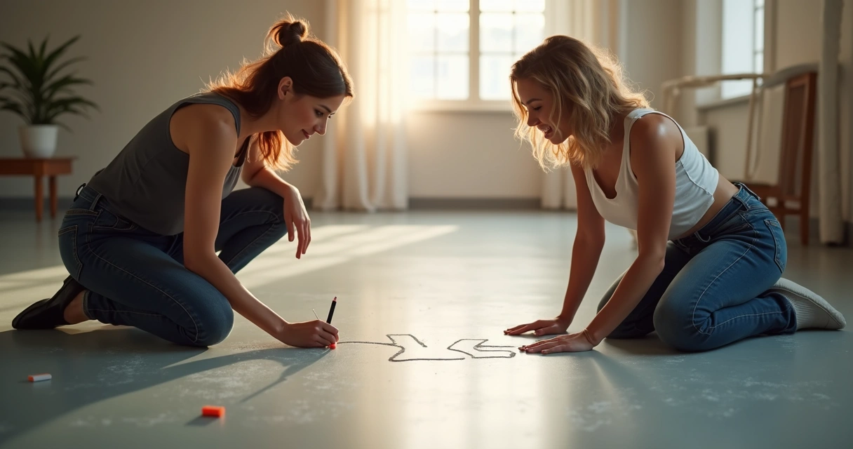 Duas pessoas desenhando uma linha no chão, simbolizando o estabelecimento de limites em uma relação