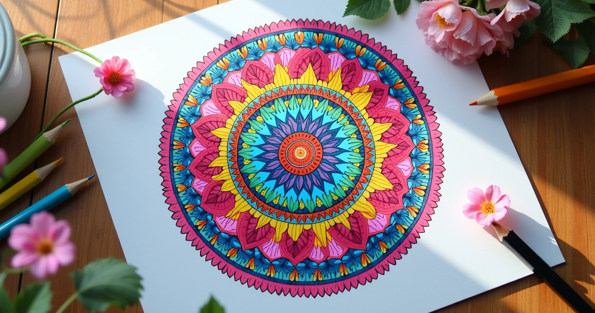 Mandala colorida e detalhada com formas circulares e desenhos de pétalas 