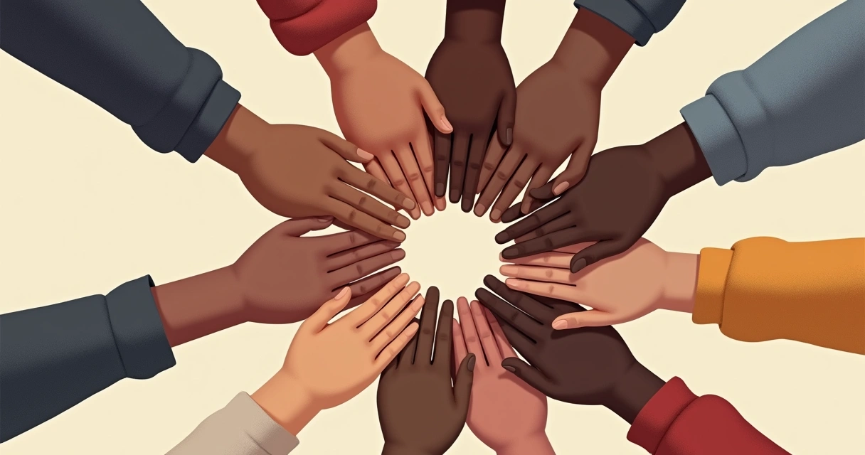 Mãos de diferentes pessoas unidas em círculo 