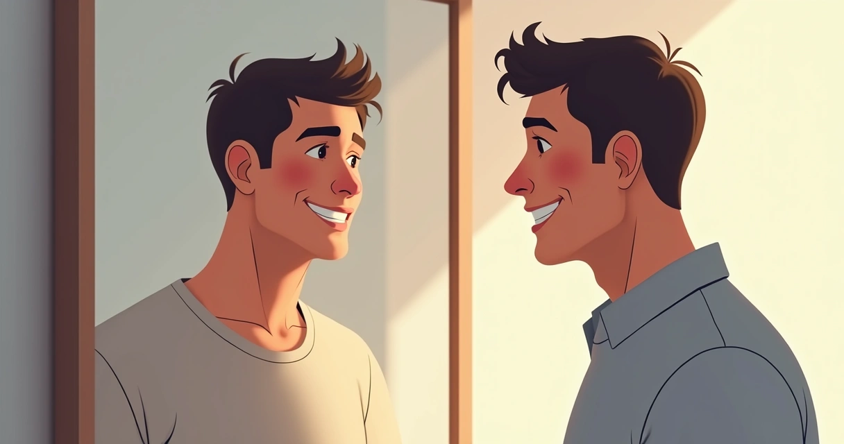 Homem olhando para seu reflexo em um espelho, ambos sorrindo e serenos, com fundo neutro 