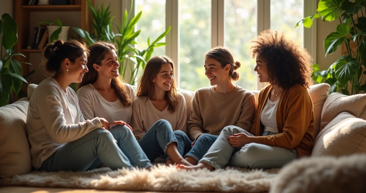 Grupo de pessoas sentadas em círculo, conversando sobre emoções em ambiente relaxado, expressão de empatia no rosto dos participantes. 