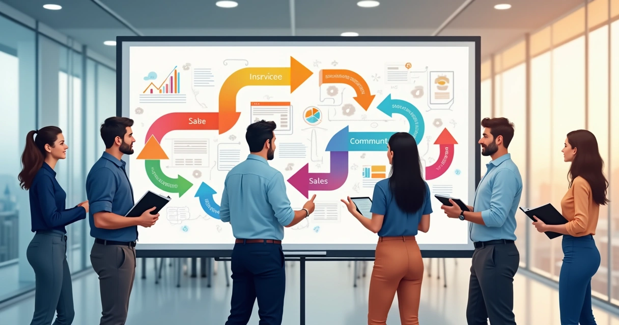 Mapa visual de processos de vendas desenhado em quadro branco 