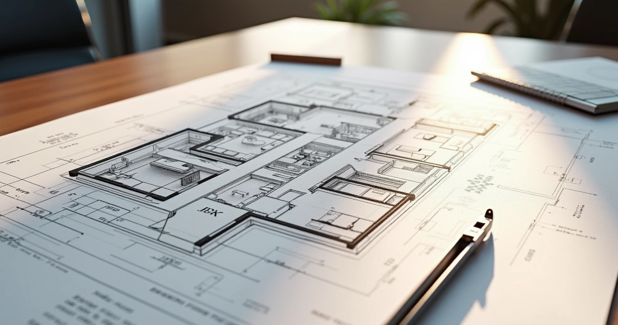 Planta baixa técnica de um edifício com detalhes e cortes 