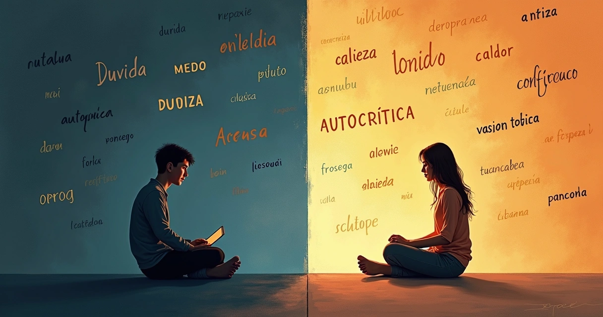 Ilustração de pessoa dividida entre emoções conflitantes