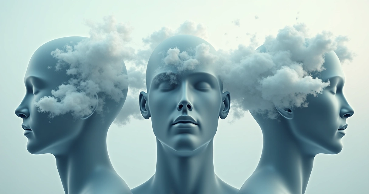 Cabeças humanas com nuvens interligadas, representando pensamentos confusos 