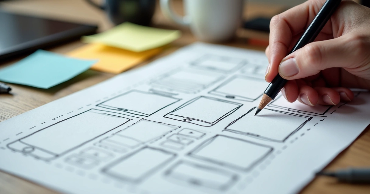 Wireframe desenhado à mão de um aplicativo em folha de papel 