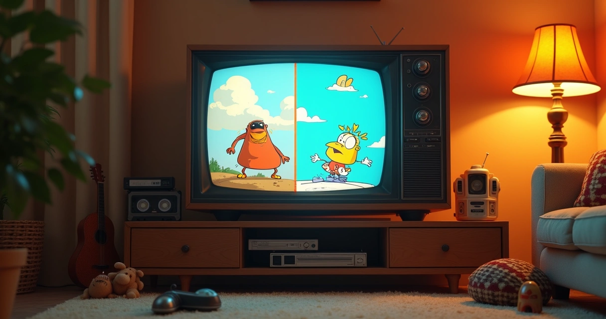 Tela de TV antiga mostrando desenhos animados das décadas de 70 e 80 lado a lado 