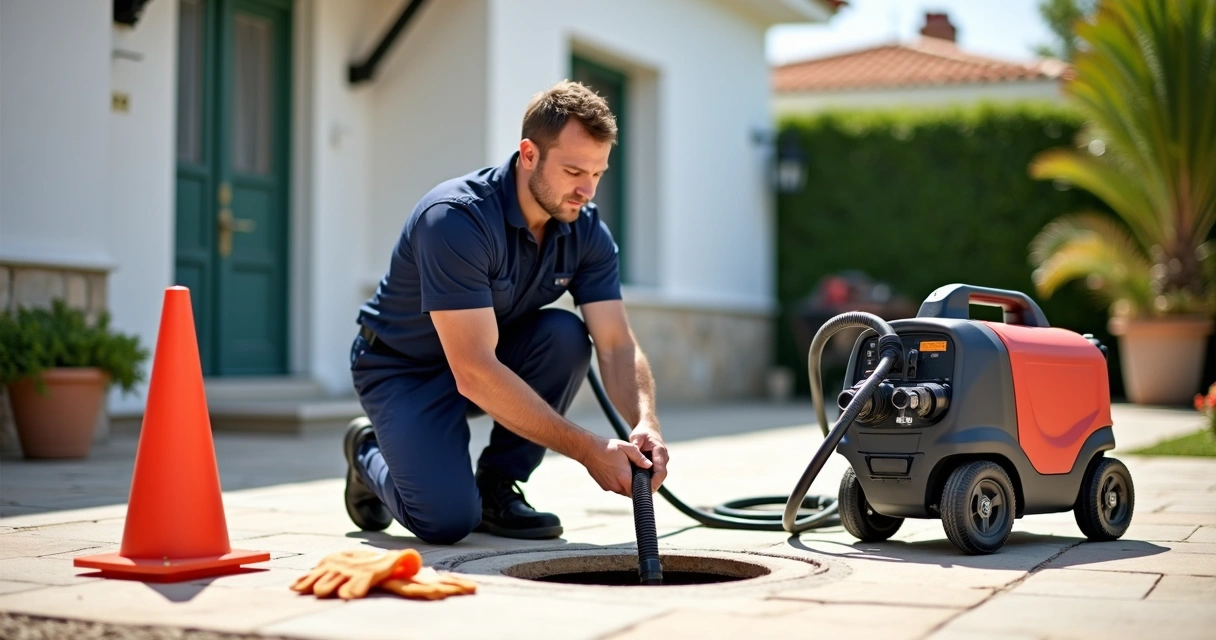 Técnico desentupindo cano de esgoto residencial com equipamento profissional 
