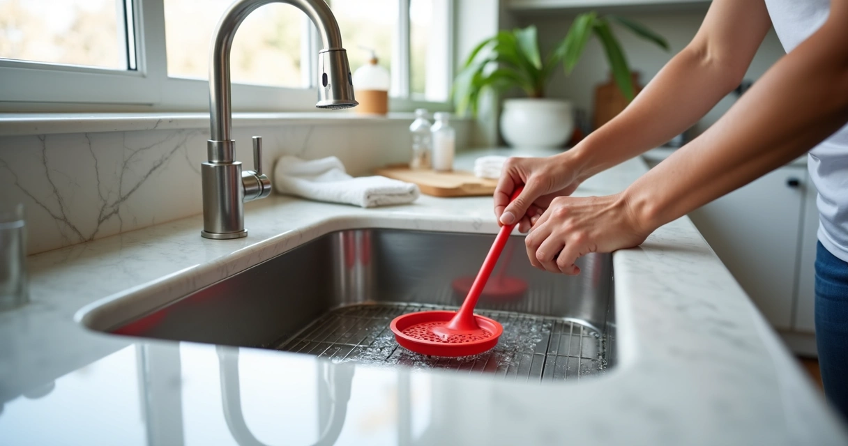 Profissional desentupindo pia de cozinha com desentupidor de borracha 