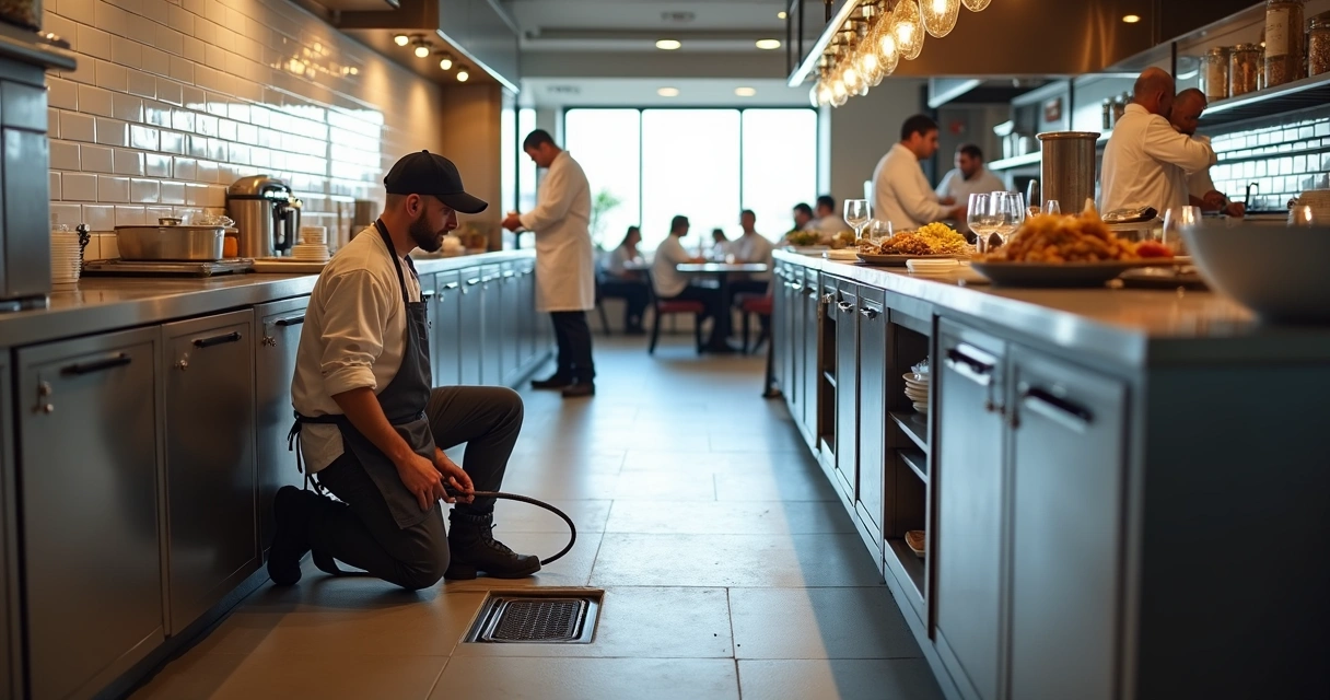 Técnico de desentupimento a trabalhar discretamente na cozinha de um restaurante 