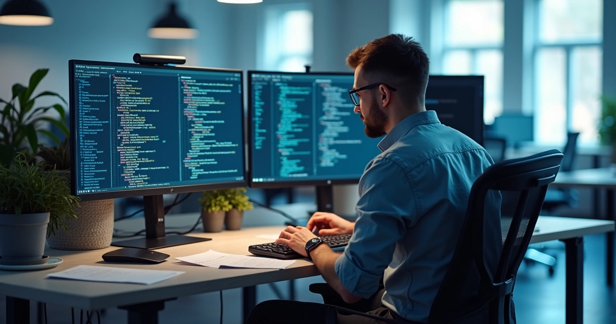 Programador analisa código antigo em duas telas lado a lado 