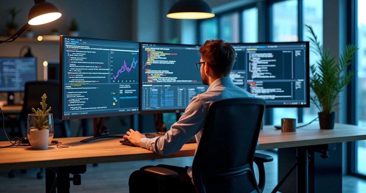 Desenvolvedor observando tela de computador com resultados de teste de IA 