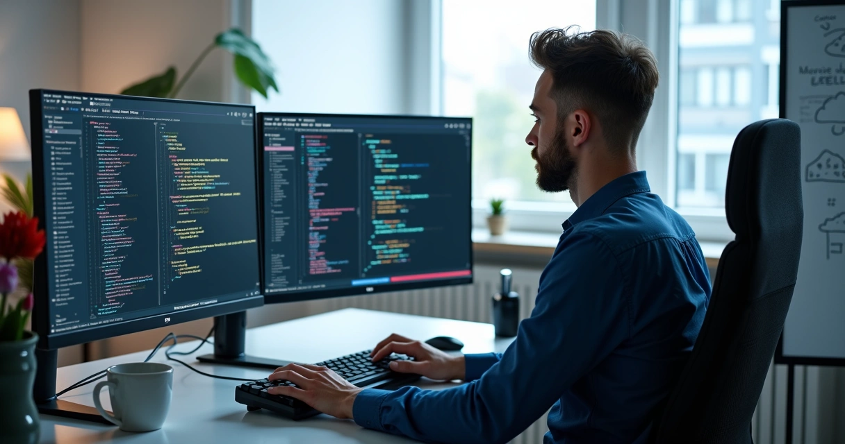 Desenvolvedor analisando arquitetura de microsserviços em múltiplas telas de computador com código C# e gráficos de nuvem 