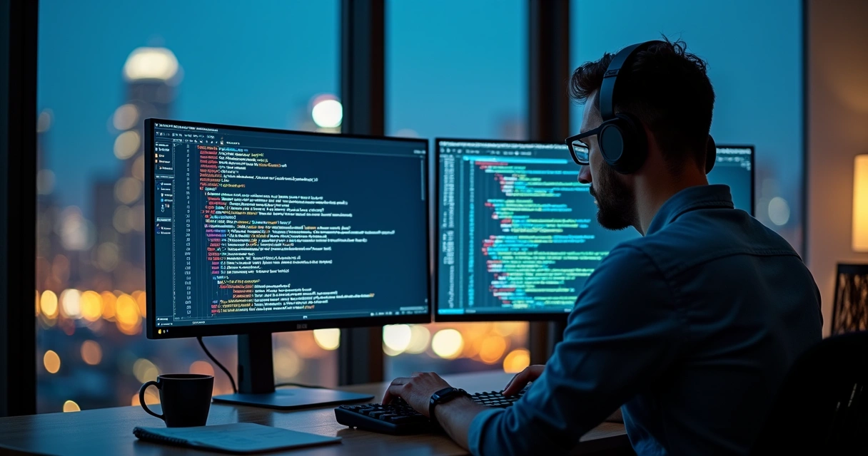 Desenvolvedor analisa dashboard mostrando JSON limpo ao lado de XML complexo 