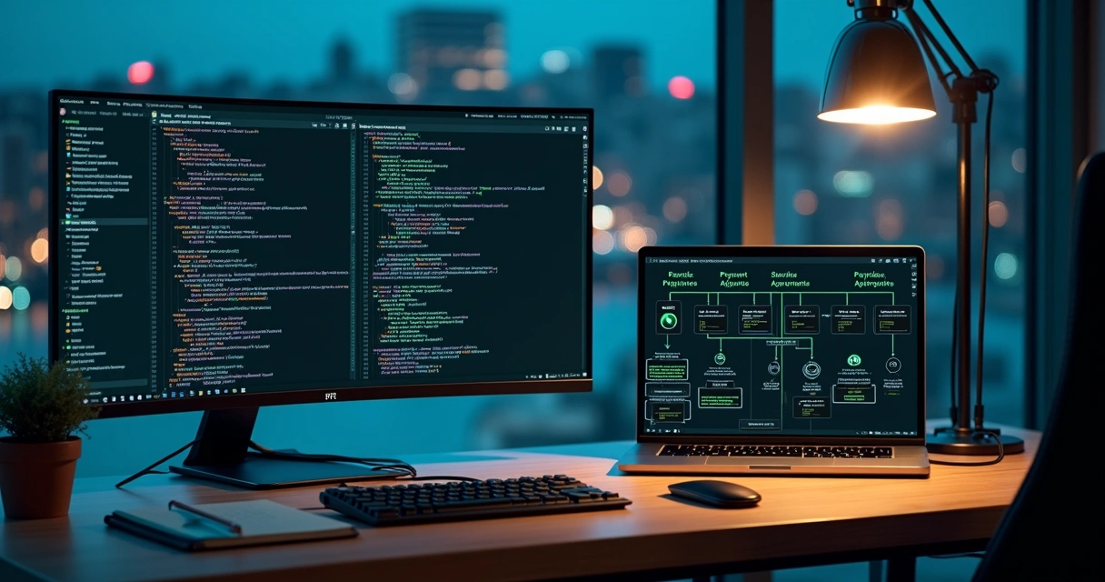 Desenvolvedor fintech programando integração de API de pagamentos em ambiente moderno 