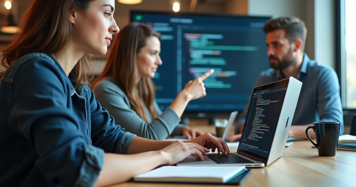 Desenvolvedor de software revisando código no notebook em ambiente colaborativo 