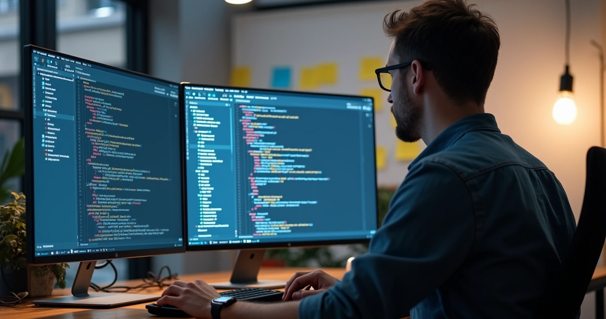 Desenvolvedor ajustando código de app em monitor duplo 