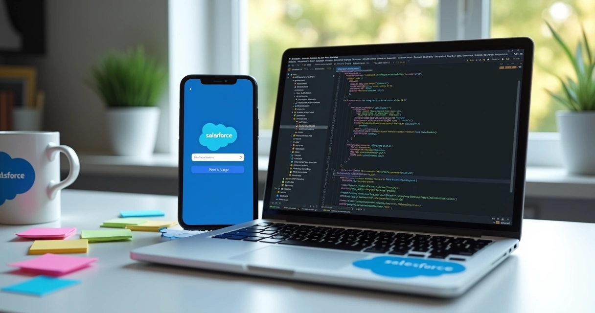 Pessoa programando app Android em notebook, tela mostra Salesforce 