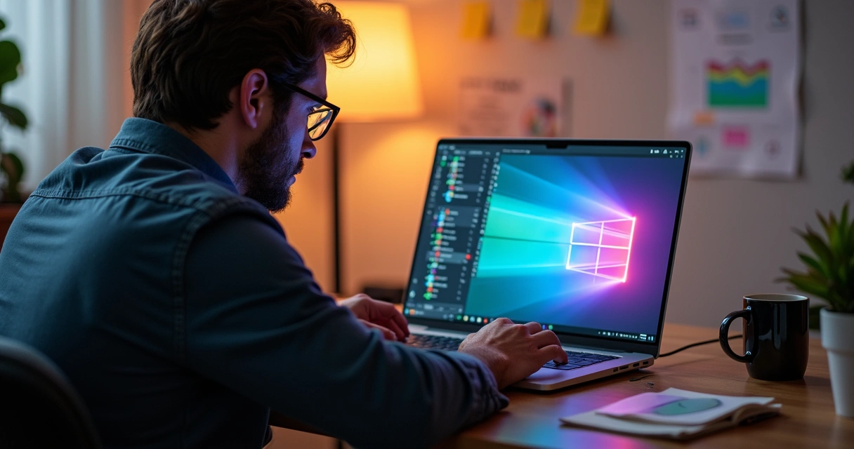 Desenvolvedor mobile programando em computador com interface colorida de aplicativo 