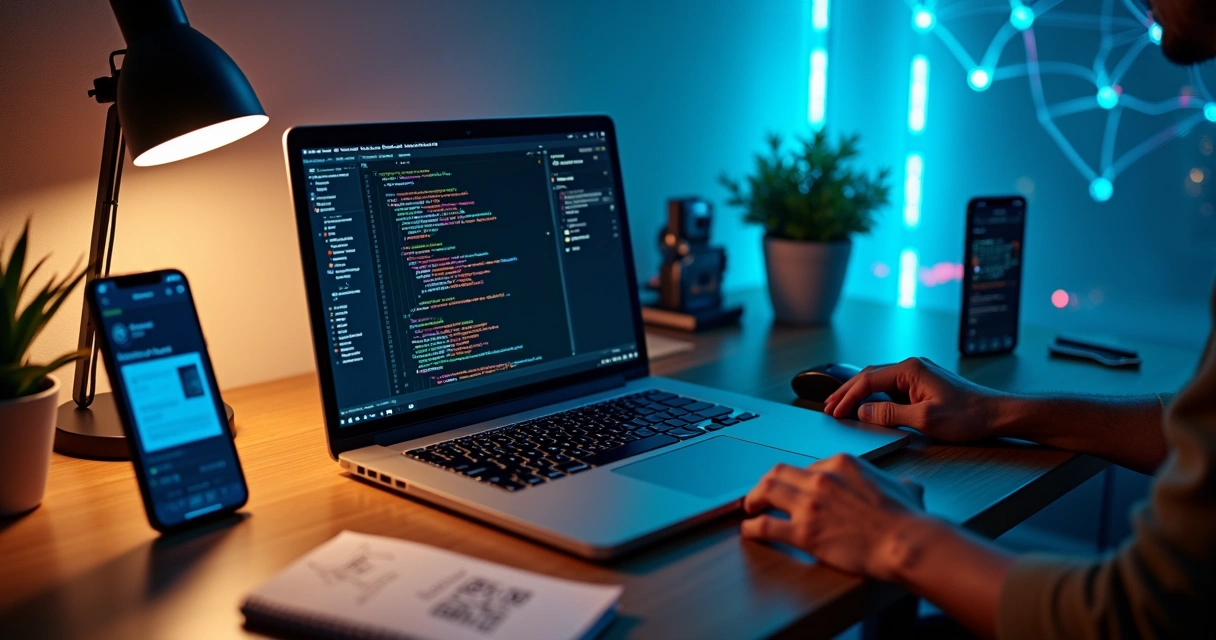 Desenvolvedor configura aplicativo React Native em notebook com smartphones ao lado 