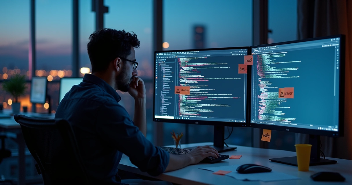 Tela de app bugado com desenvolvedor analisando código em clima de urgência 