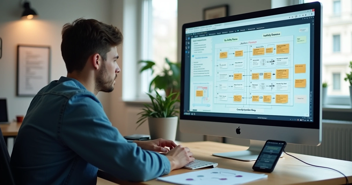 Desenvolvedor analisando arquitetura em camadas em tela de notebook