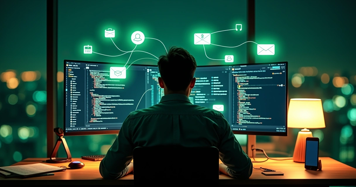 Desenvolvedor ajustando fluxos de automacao ligados a varios icones de WhatsApp em painel digital 